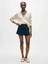 White + Warren Cashmere Varsity V Neck Sweater In Soft White/navy Blue