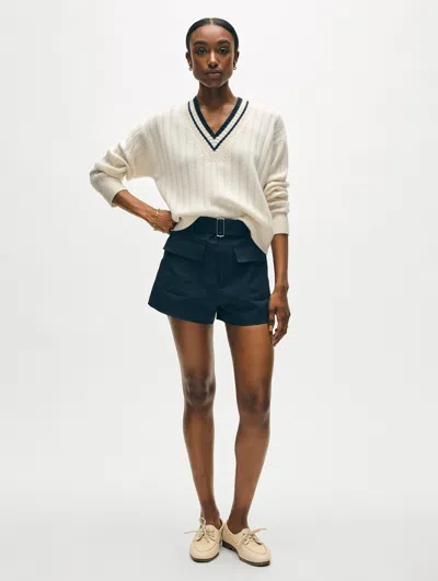 White + Warren Cashmere Varsity V Neck Sweater In Soft White/navy Blue
