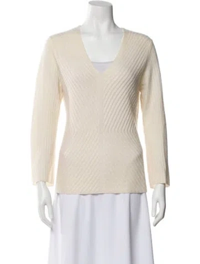 Pre-owned White + Warren Cashmere V-neck Sweater In White