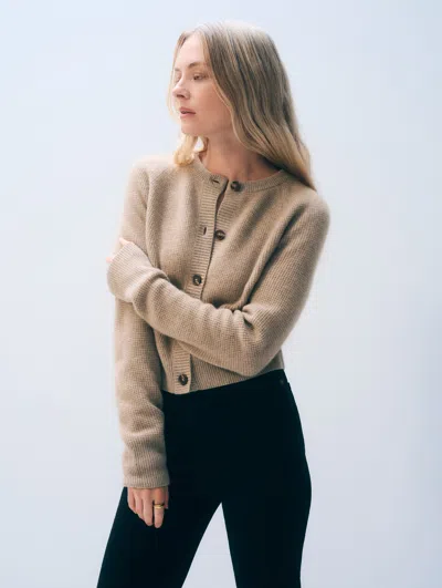 White + Warren Cashmere Waffle Cardigan Sweater In Taupe Heather In Brown