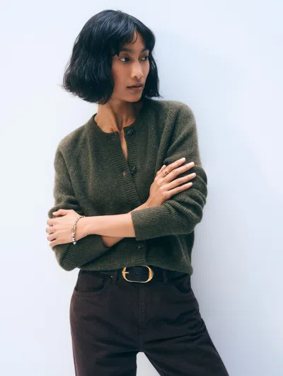 White + Warren Cashmere Waffle Cardigan Sweater In Thyme Heather In Green