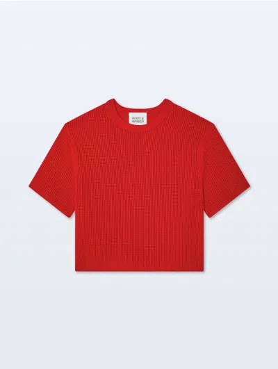 WHITE + WARREN CASHMERE WAFFLE MESH TEE FRENCH RED TOP