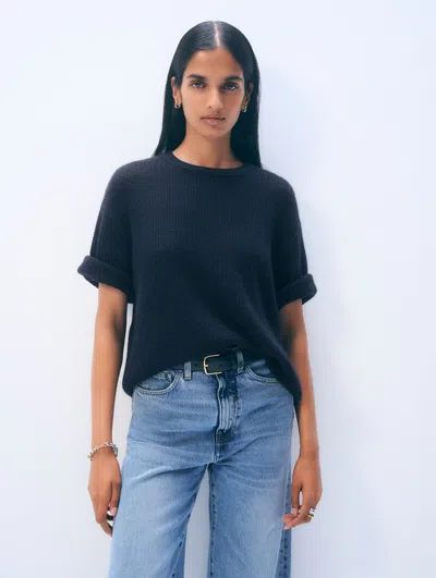 White + Warren Cashmere Waffle Mesh Tee Top In Deep Navy Blue