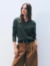 White + Warren Cashmere Wide Rib Trim V Neck In Juniper Green In Green