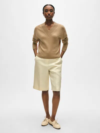 White + Warren Cashmere Wide Rib Trim V Neck Sweater In Khaki In Brown