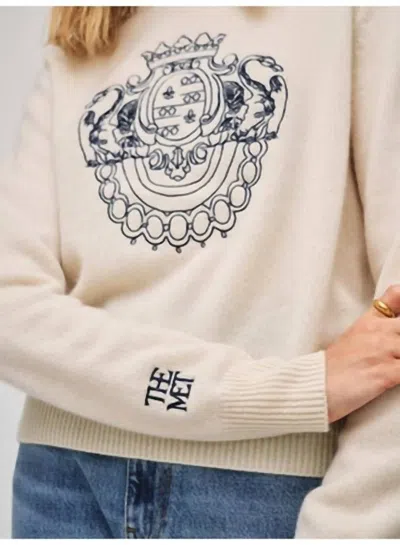 White + Warren Cashmere Coat Of Arms Embroidered Crewneck Top In Soft White Combo In Beige