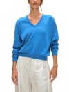 White + Warren Cotton Blend Rib Trim V-neck In Blue/azure In Blue