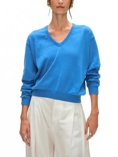 White + Warren Cotton Blend Rib Trim V-neck In Blue/azure