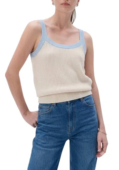 White + Warren Cotton Boucle Square Neck Tank Top In Ivory/blue Jasmine In Multi