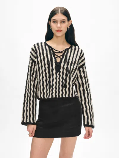 White + Warren Cotton Crochet Splitneck Sweater In Black