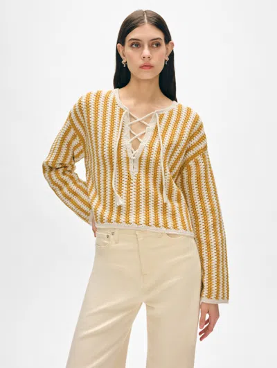 White + Warren Cotton Crochet Splitneck Sweater In Gold