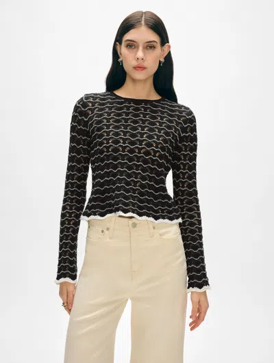 White + Warren Cotton Linen Pointelle Stitch Top In Black/white