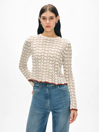 White + Warren Cotton Linen Pointelle Stitch Top In White/deep Terracotta