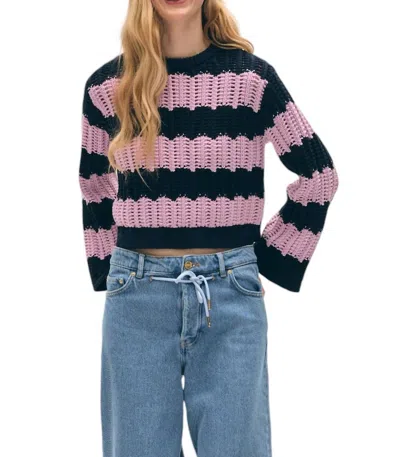 White + Warren Cotton Rope Bell Sleeve Crewneck Sweater In Purple Combo In Pink