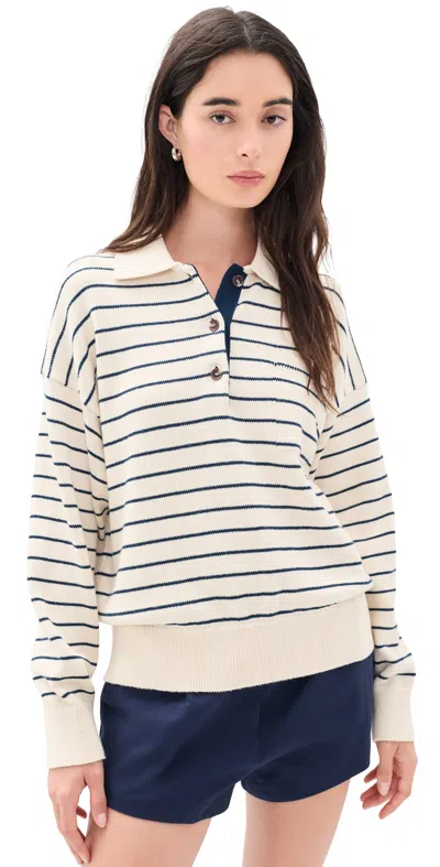 White + Warren Cotton Striped Polo Ivory/navy Stripe In Multi