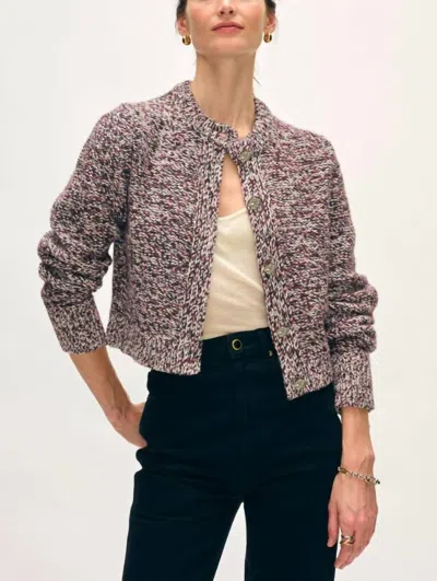 White + Warren Crewneck Button Cardigan In Dark Crimson Marl In Gray