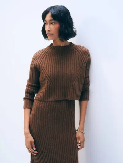 White + Warren Cropped Ribbed Crew Sweater In Umber In Brown