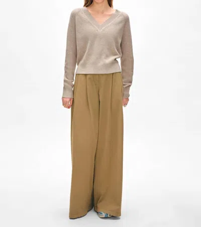 WHITE + WARREN FINE COTTON BLEND RIBBED V NECK IN FLAX
