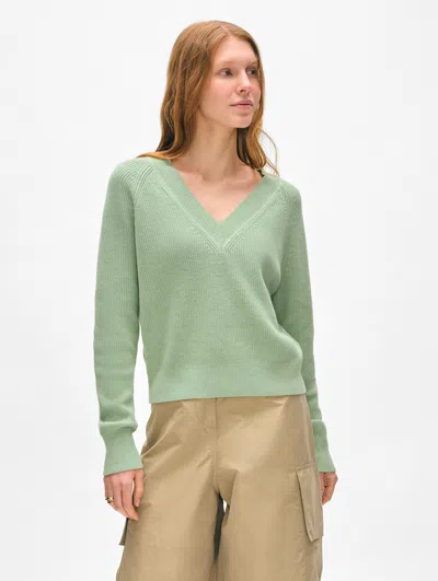 White + Warren Fine Cotton Blend Ribbed V Neck Sweater In Cool Sage