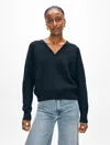 White + Warren Fine Cotton Blend Ribbed V Neck Sweater In Deep Wave In Deep Wave