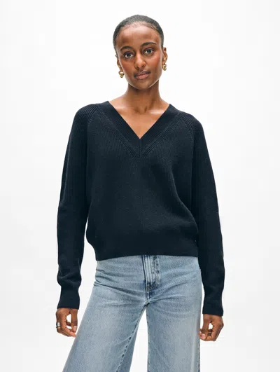 White + Warren Fine Cotton Blend Ribbed V Neck Sweater In Deep Wave