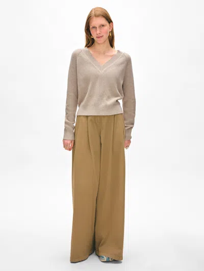 White + Warren Fine Cotton Blend Ribbed V Neck Sweater In Flax