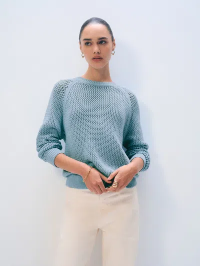White + Warren Fine Cotton Boucle Mesh Sweatshirt Blue Marl