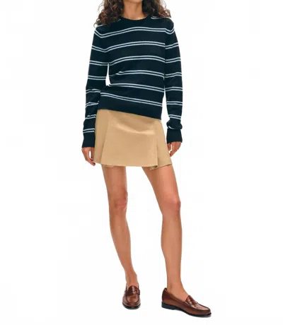WHITE + WARREN FINE COTTON BOUCLE STRIPED CREWNECK TOP IN DEEP NAVY/PASTEL BLUE
