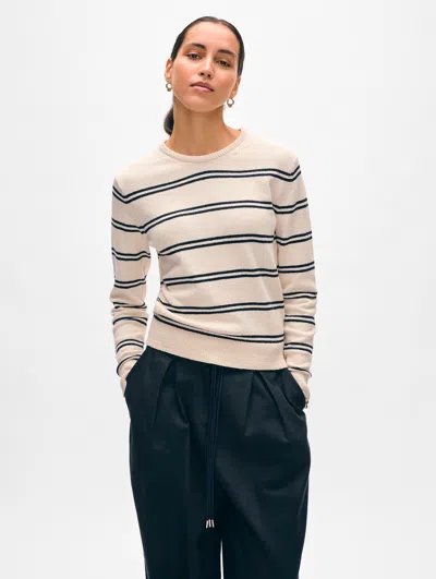 White + Warren Fine Cotton Bouclé Striped Crewneck Top In Ivory/deep Navy Blue