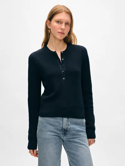 White + Warren Fine Cotton Ribbed Henley Sweater In Deep Wave