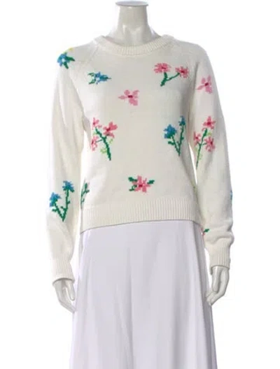 Pre-owned White + Warren Floral Print Crew Neck Sweater In White
