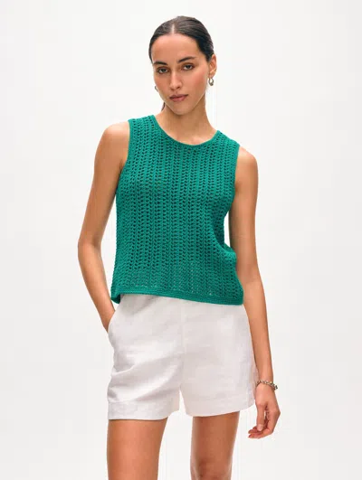 White + Warren Hand-crocheted Lofty Cotton Sleeveless Tank Top In Teal Green