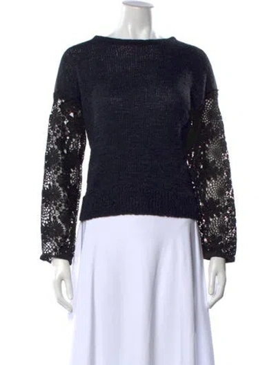 Pre-owned White + Warren Lace Pattern Crew Neck Top In Black/blue