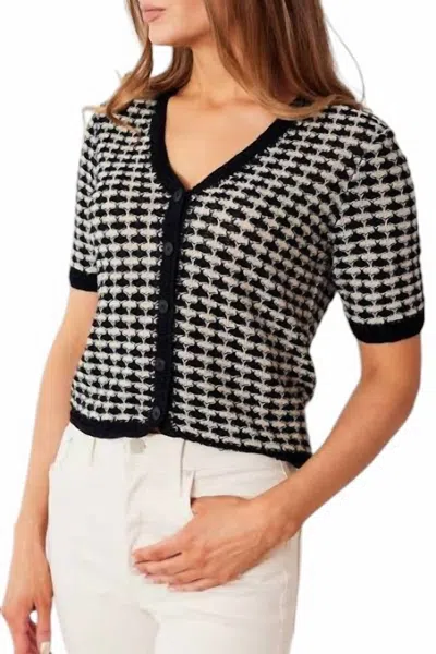 White + Warren Linen Crochet Trim Cardigan In Black & Cream In Multi