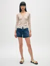 WHITE + WARREN LINEN GAUZE RIBBED V NECK CARDIGAN SWEATER IN CALICO