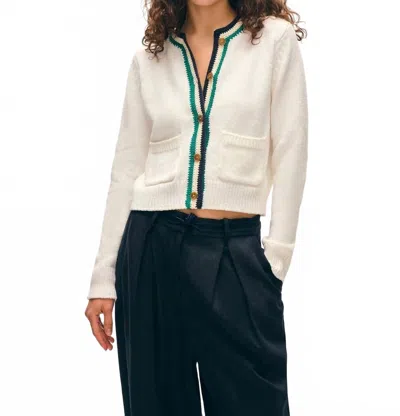 WHITE + WARREN LOFTY COTTON CROCHET TRIM CARDIGAN IN IVORY/NAVY TEAL