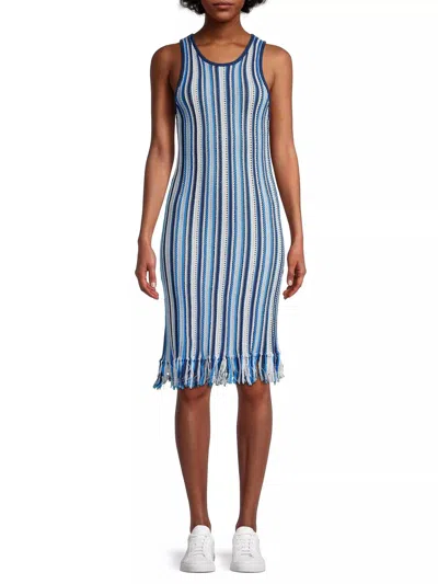 White + Warren Mercerized Cotton Fringe Dress In Blue Combo In Multi