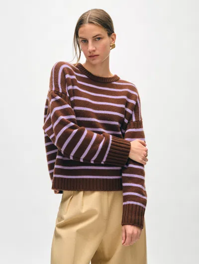 White + Warren Merino Cashmere Striped Crewneck Top In Umber/iris