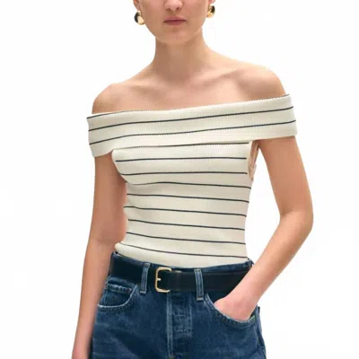 White + Warren Off The Shoulder Stripe Knit Top In White/black In Multi