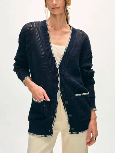 White + Warren Organic Cotton Blanket Trim Cardigan In Navy/ivory In Multi