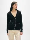 White + Warren Organic Cotton Blanket Trim Cardigan Sweater In Black/ivory In Black/ivory