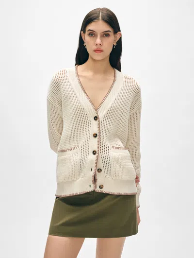 White + Warren Organic Cotton Blanket Trim Cardigan Sweater In Ivory/suede