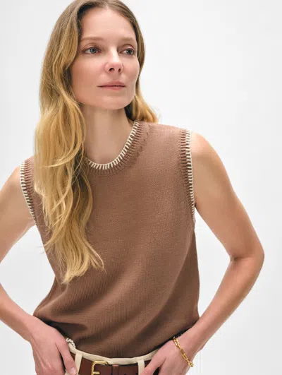 White + Warren Organic Cotton Blanket Trim Tank Top In Suede/ivory