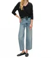 White + Warren Linen Blend Rib Trim V Neck Sweater In Black In Black