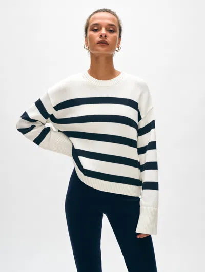 White + Warren Organic Cotton Easy Crewneck Top In Ivory/navy Blue