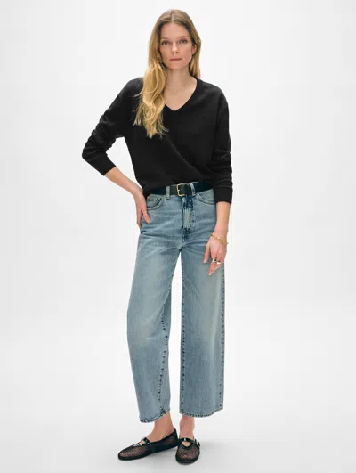 White + Warren Organic Cotton Rib Trim V Neck Sweater In Black