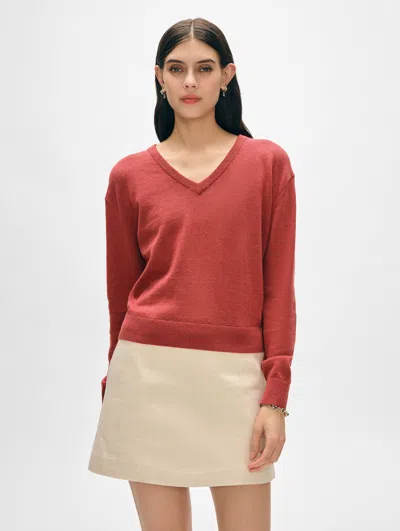 White + Warren Organic Cotton Rib Trim V Neck Sweater In Strawberry Jam