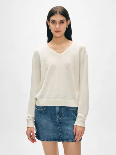 White + Warren Organic Cotton Rib Trim V Neck Sweater In White