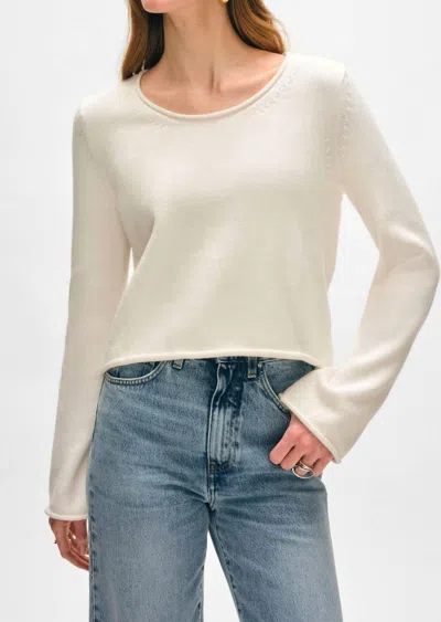 White + Warren Organic Cotton Roll Trim Crew Sweater In Ivory In White