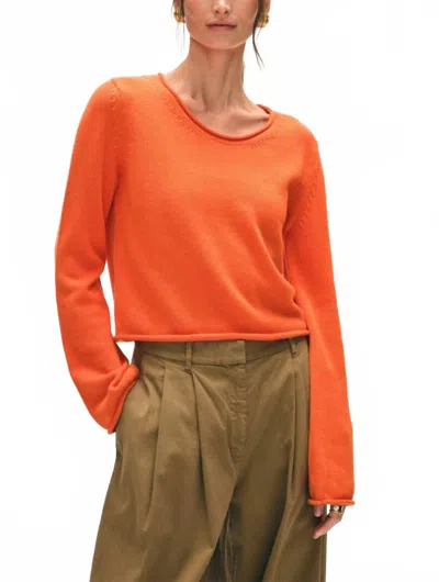 White + Warren Organic Cotton Roll Trim Crew Sweater In Orange Blaze In Red